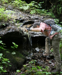 erschöpfter Wanderer erfrischt sich am Quellwasser im Nationalpark Bayerischer Wald in der Nähe der Ferienwohnung FeWo Moosau in D-94258 Frauenau &copy; Gine Selle, Frauenau